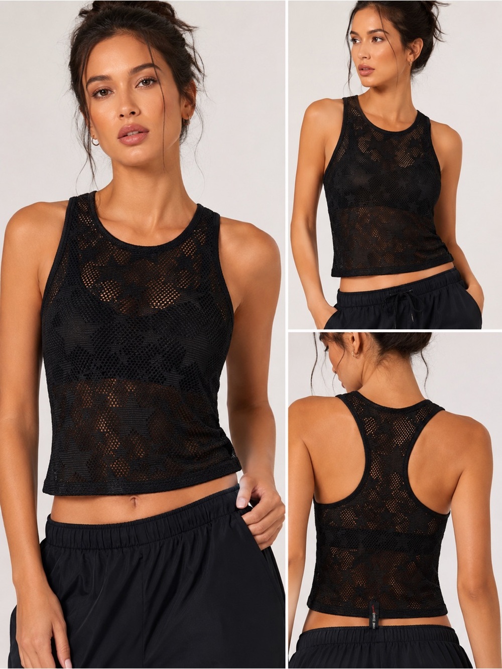 Adam Selman Sport Black Star Print Mesh Racerback Crop Tank Top Women’s XS/S